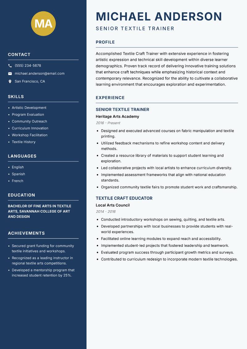 Textile Craft Trainer Resume Preview Example