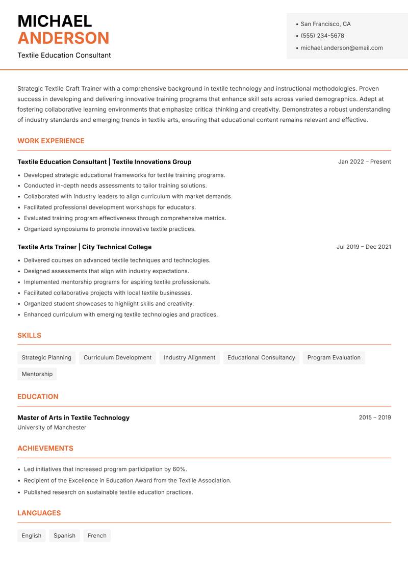 Textile Craft Trainer Resume Template