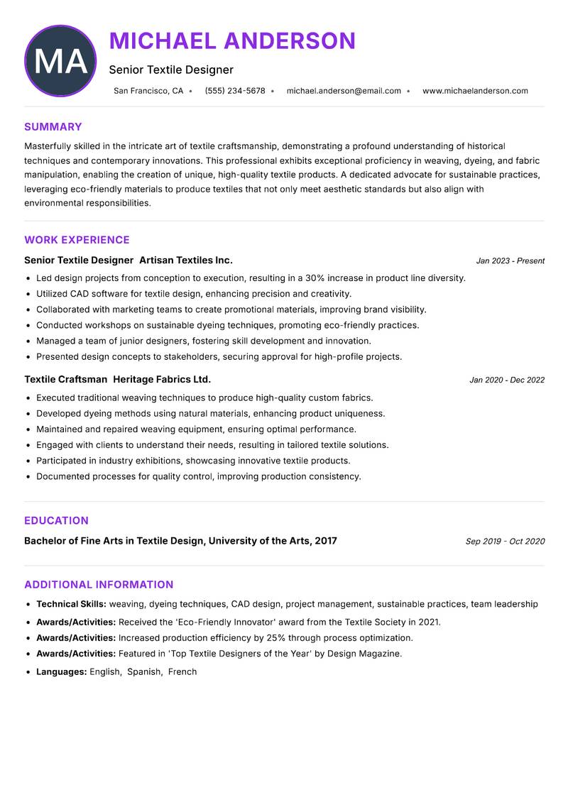 Textile Craftsman Resume Preview Example
