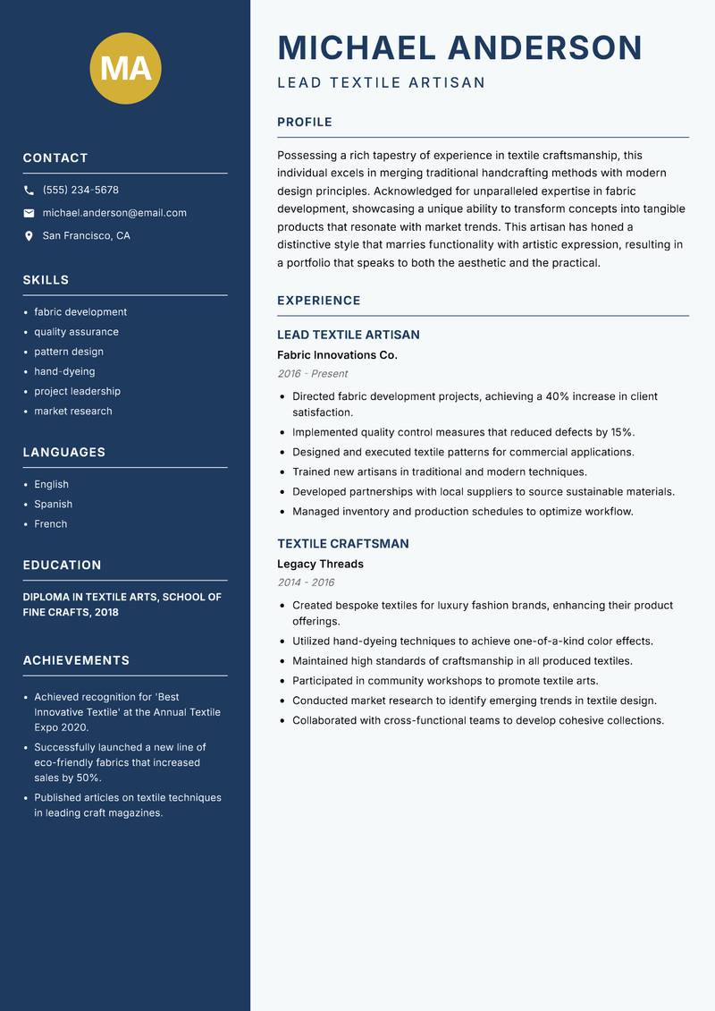 Textile Craftsman Resume Preview Example