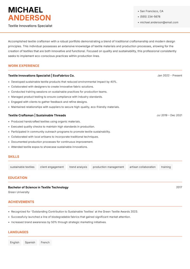 Textile Craftsman Resume Template