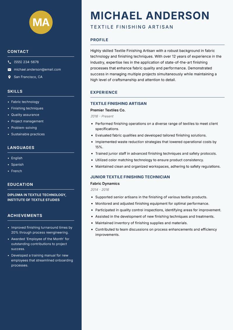 Textile Finishing Artisan Resume Preview Example