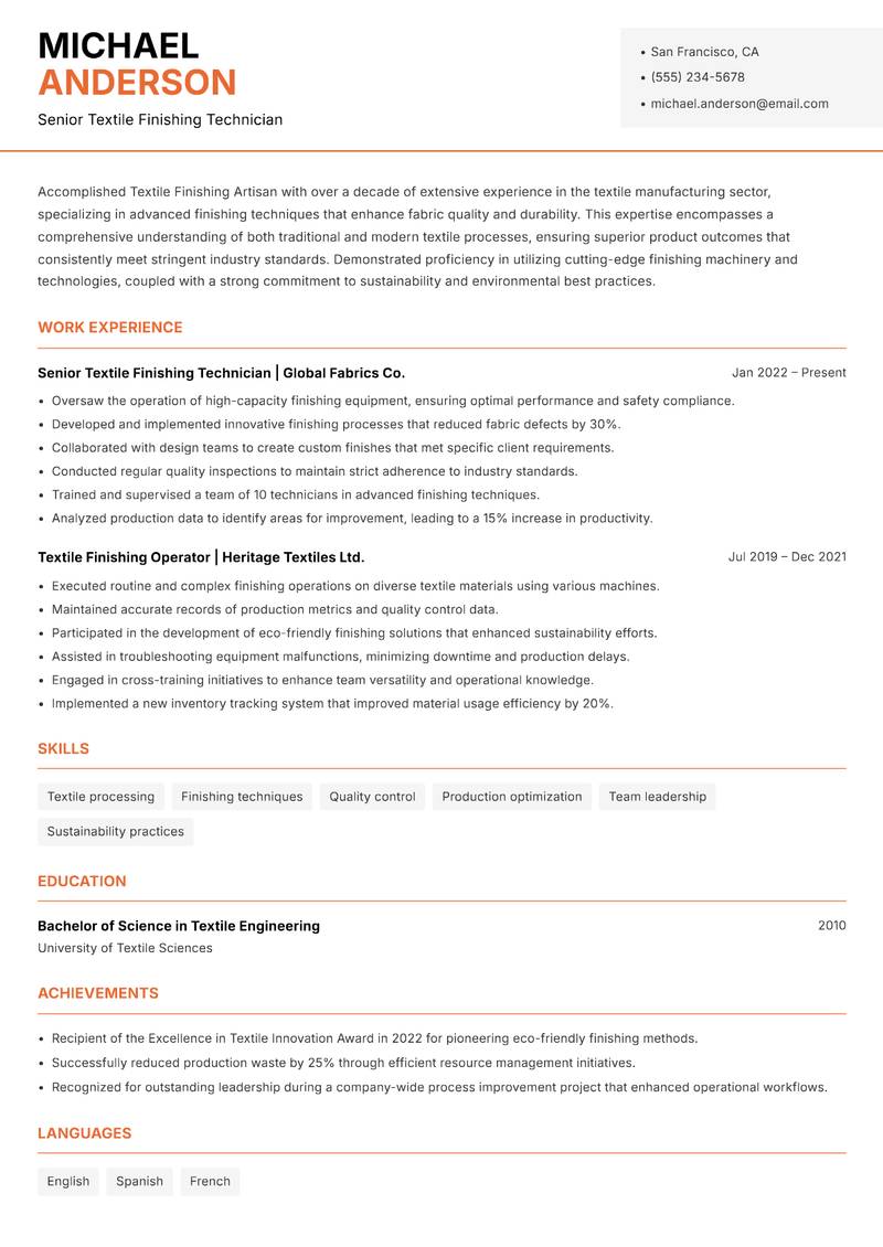 Textile Finishing Artisan Resume Template