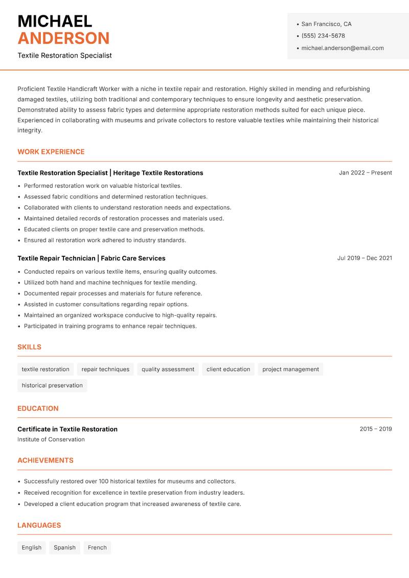 Textile Handicraft Worker Resume Template