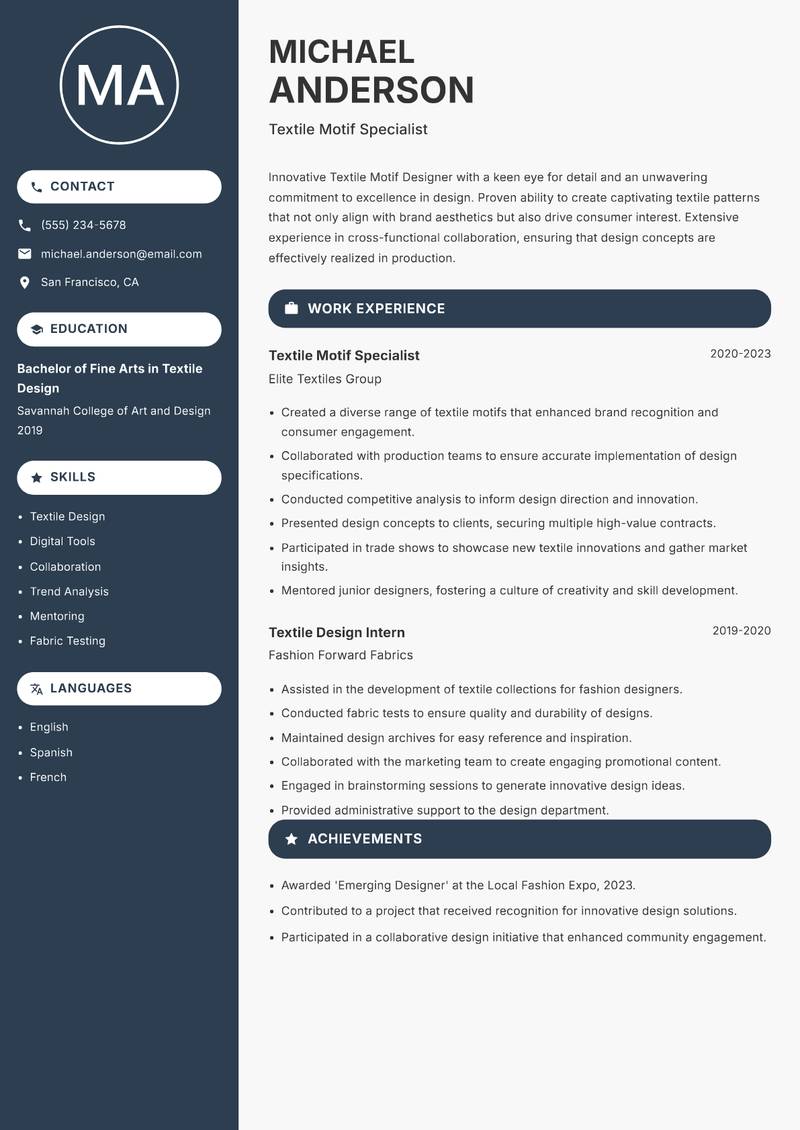 Textile Motif Designer Resume Preview Example
