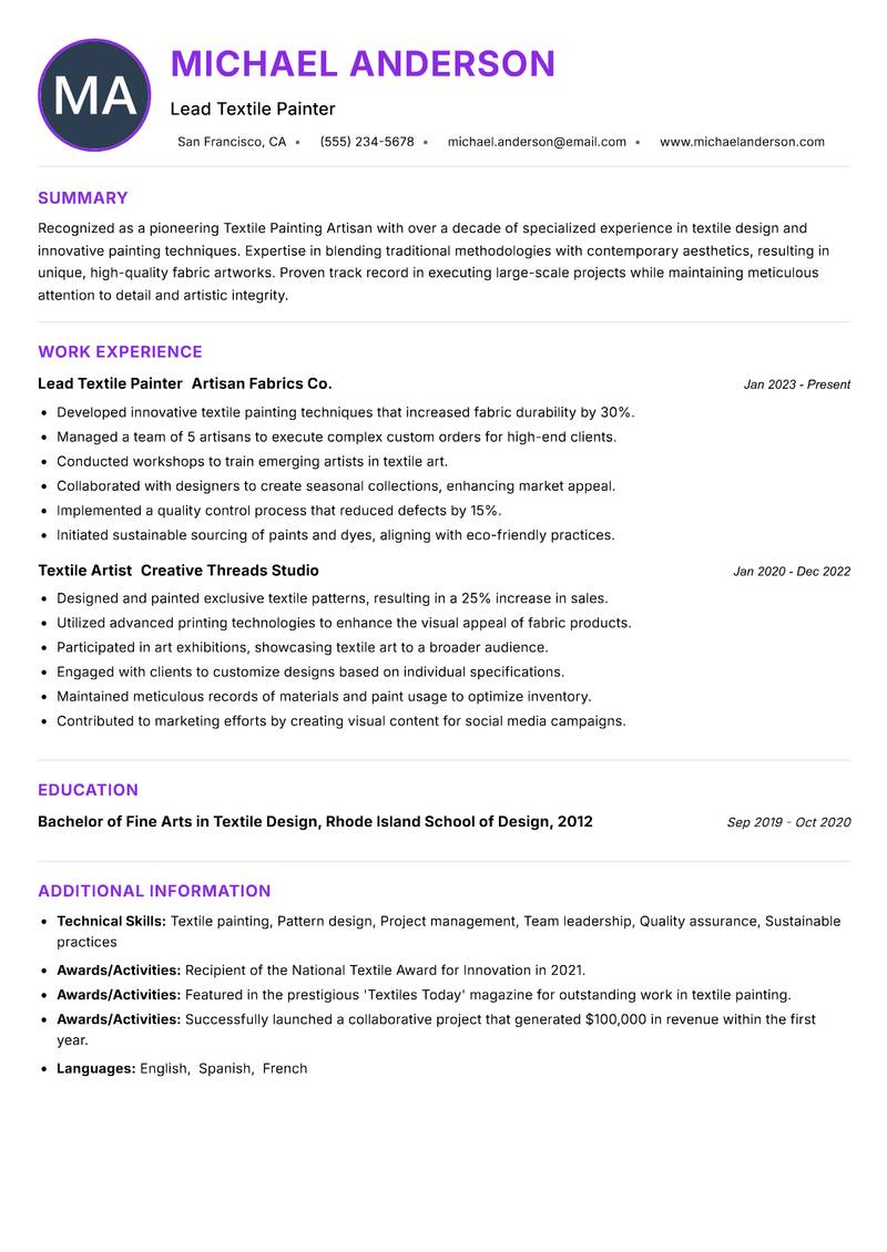 Textile Painting Artisan Resume Preview Example