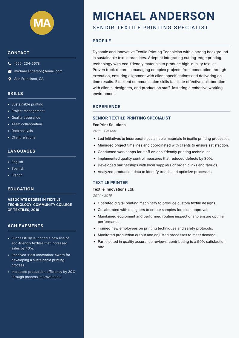 Textile Printing Technician Resume Preview Example