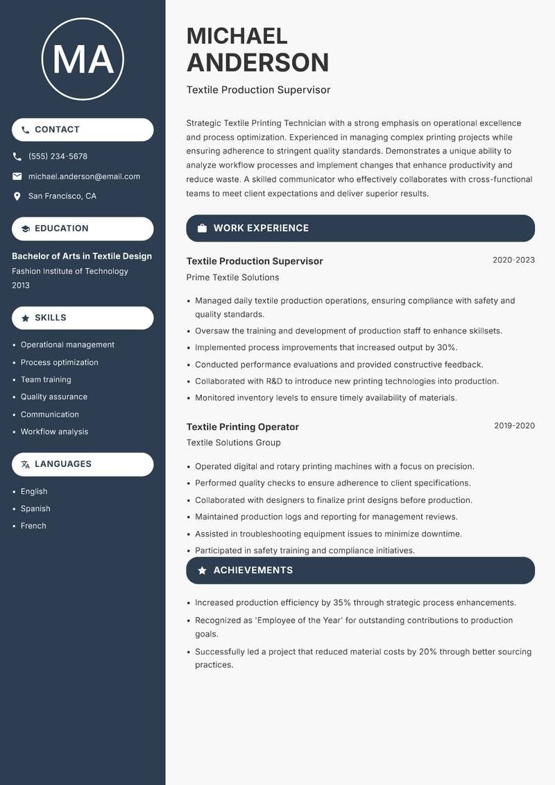 Textile Printing Technician Resume Preview Example
