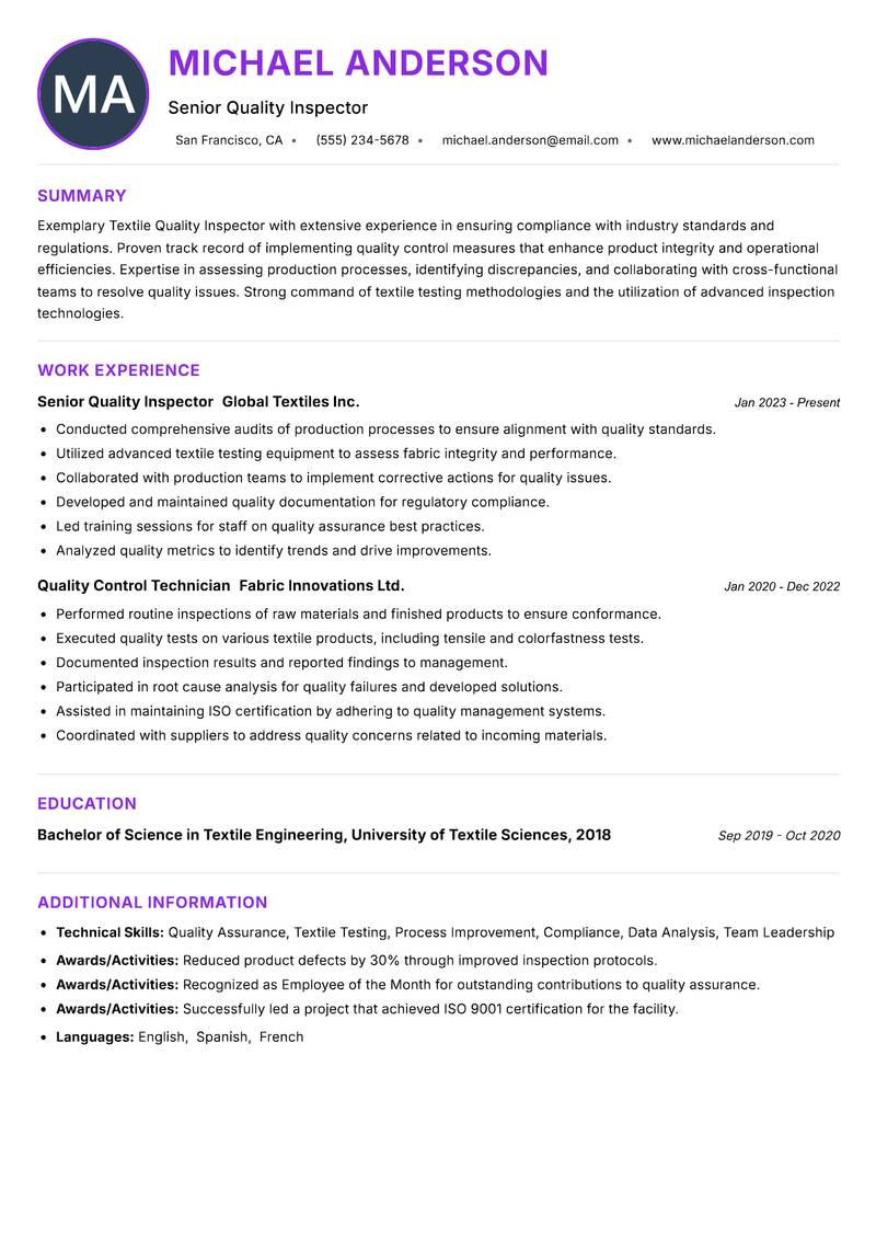 Textile Quality Inspector Resume Preview Example
