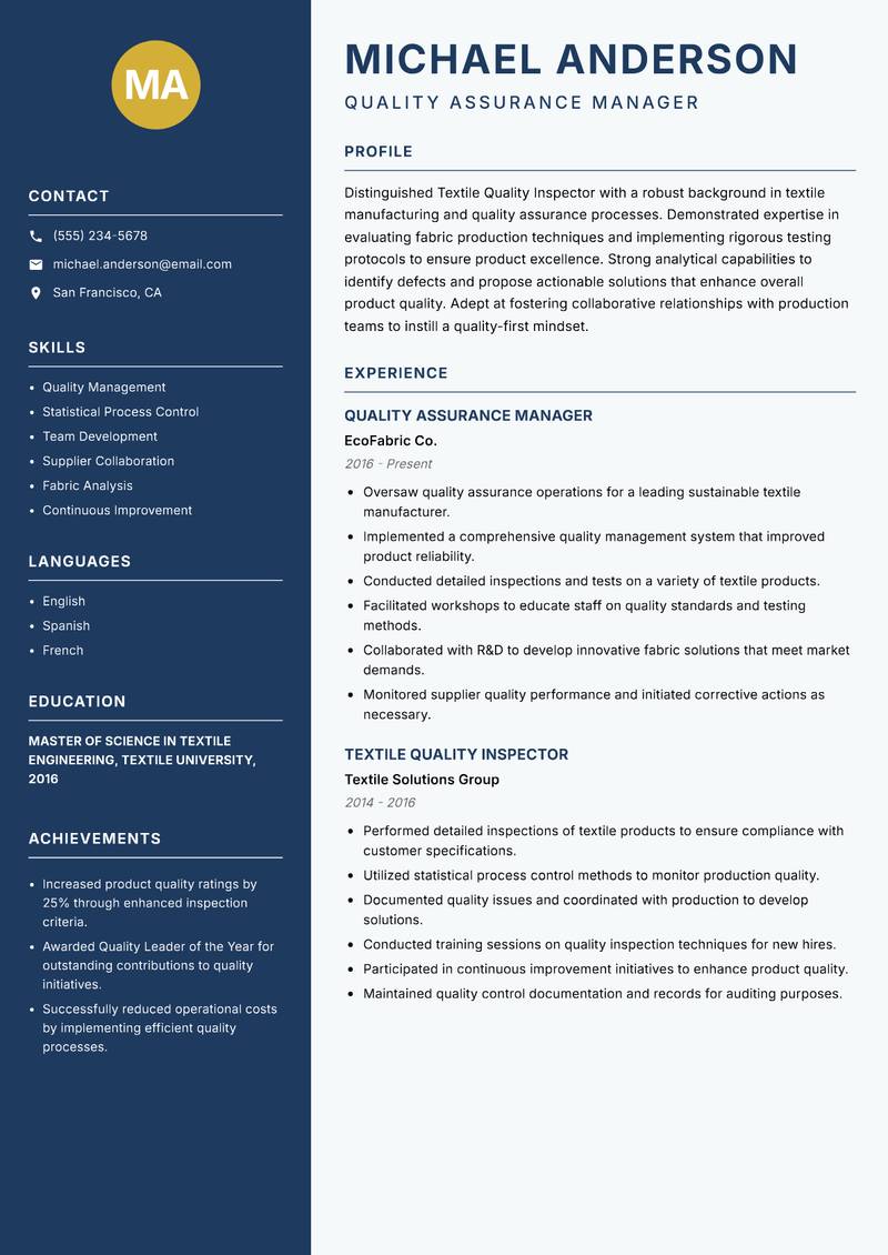 Textile Quality Inspector Resume Preview Example