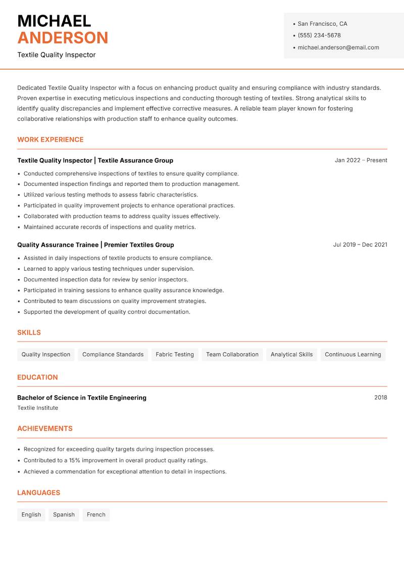 Textile Quality Inspector Resume Template