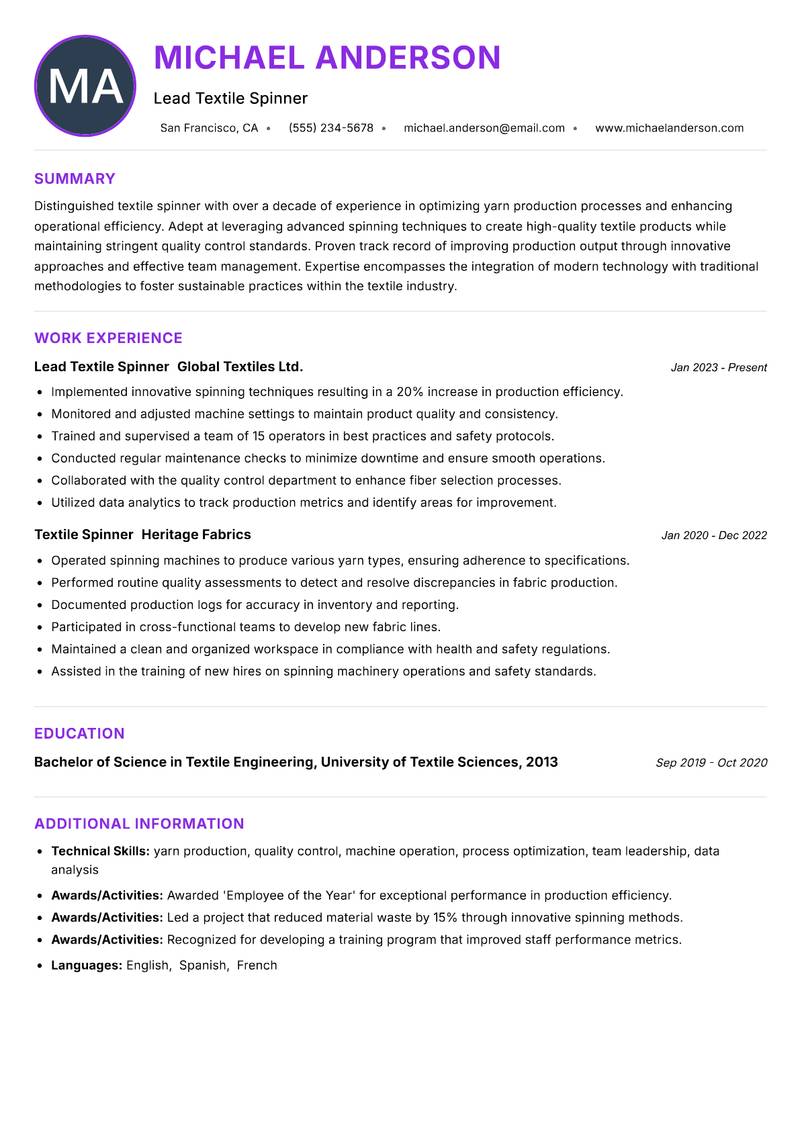 Textile Spinner Resume Preview Example