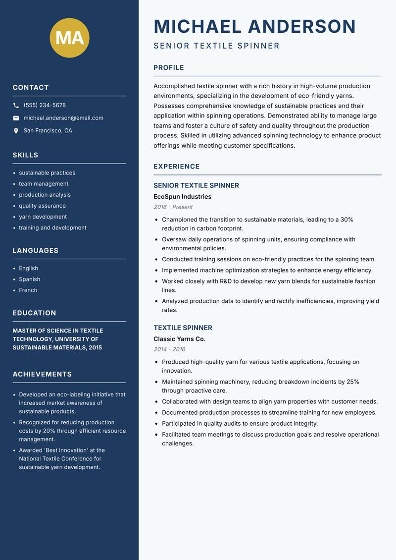 Textile Spinner Resume Preview Example
