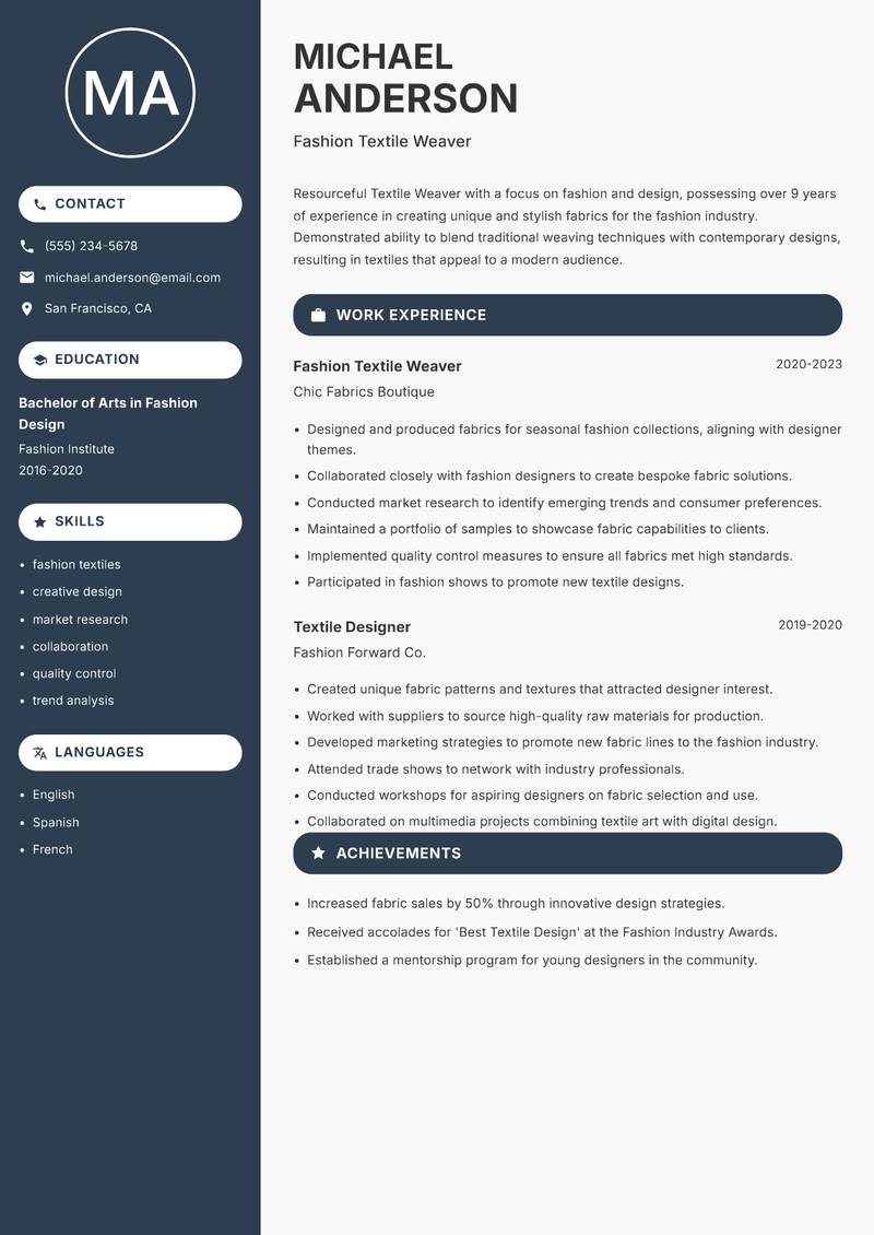 Textile Weaver Resume Preview Example