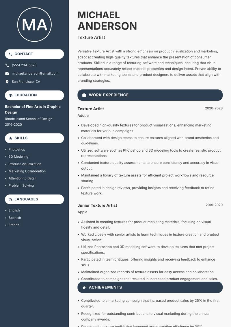 Texture Artist Resume Preview Example
