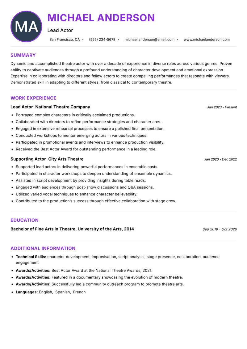 Theatre Actor Resume Preview Example