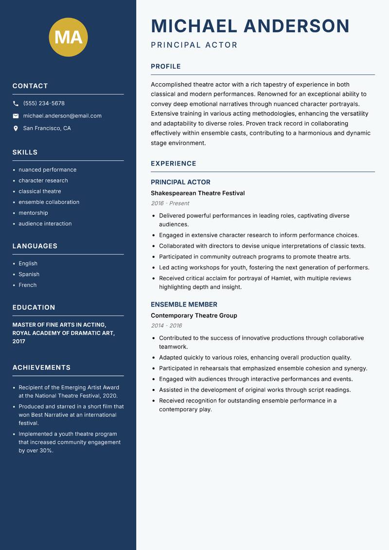 Theatre Actor Resume Preview Example
