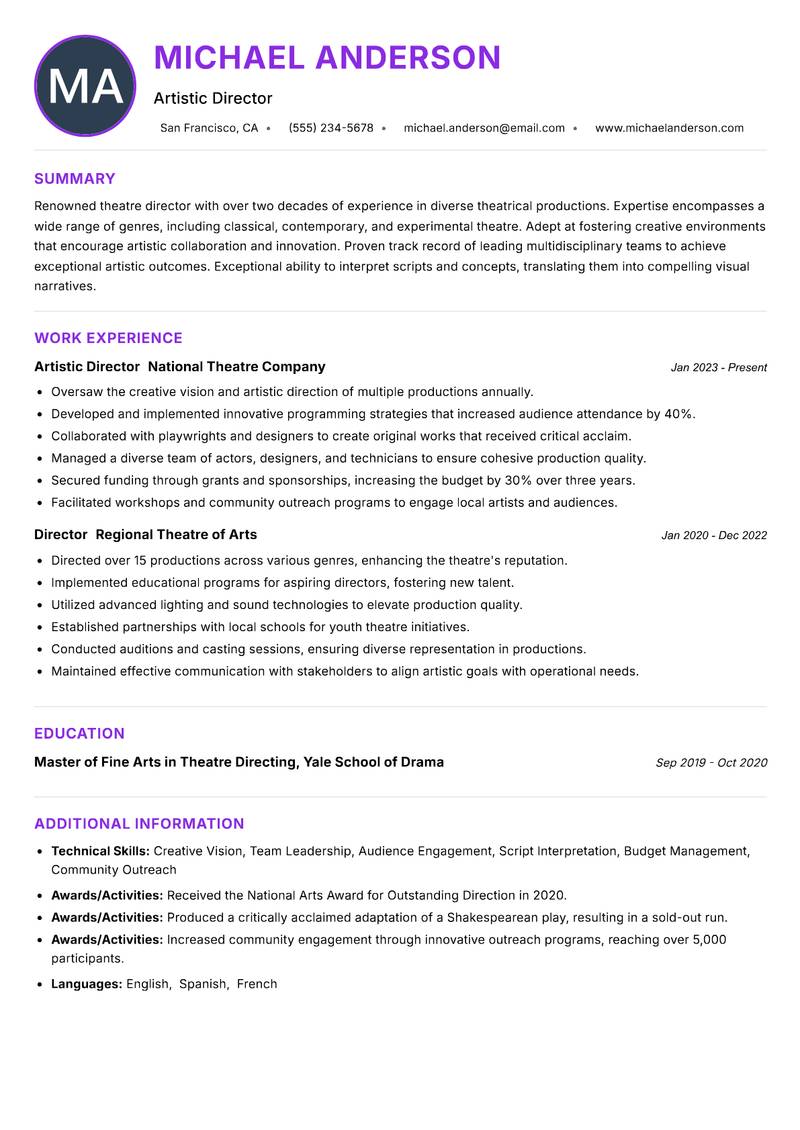 Theatre Director Resume Preview Example