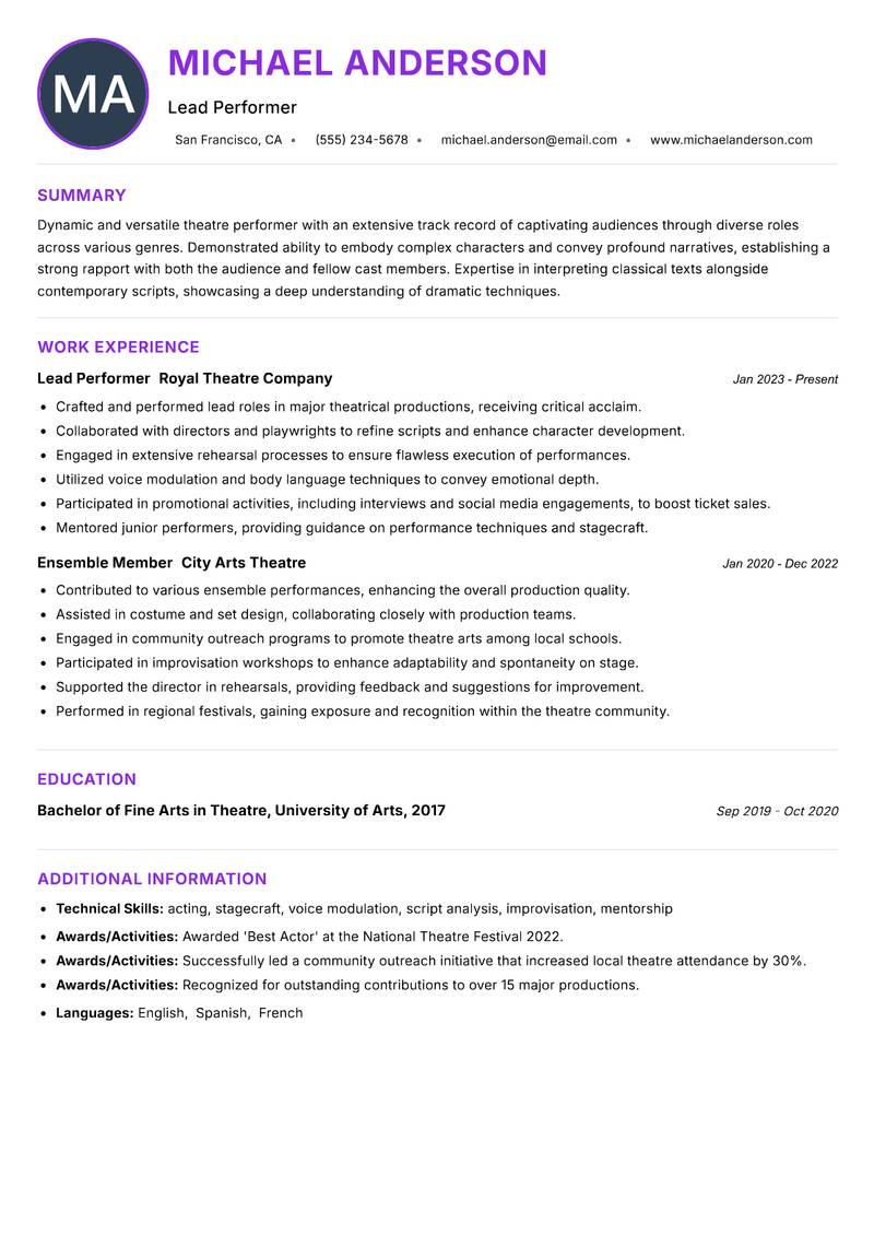 Theatre Performer Resume Preview Example