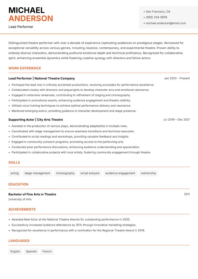 Theatre Performer Resume Template
