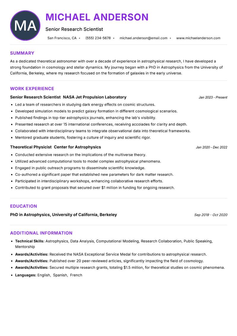 Theoretical Astronomer Resume Preview Example