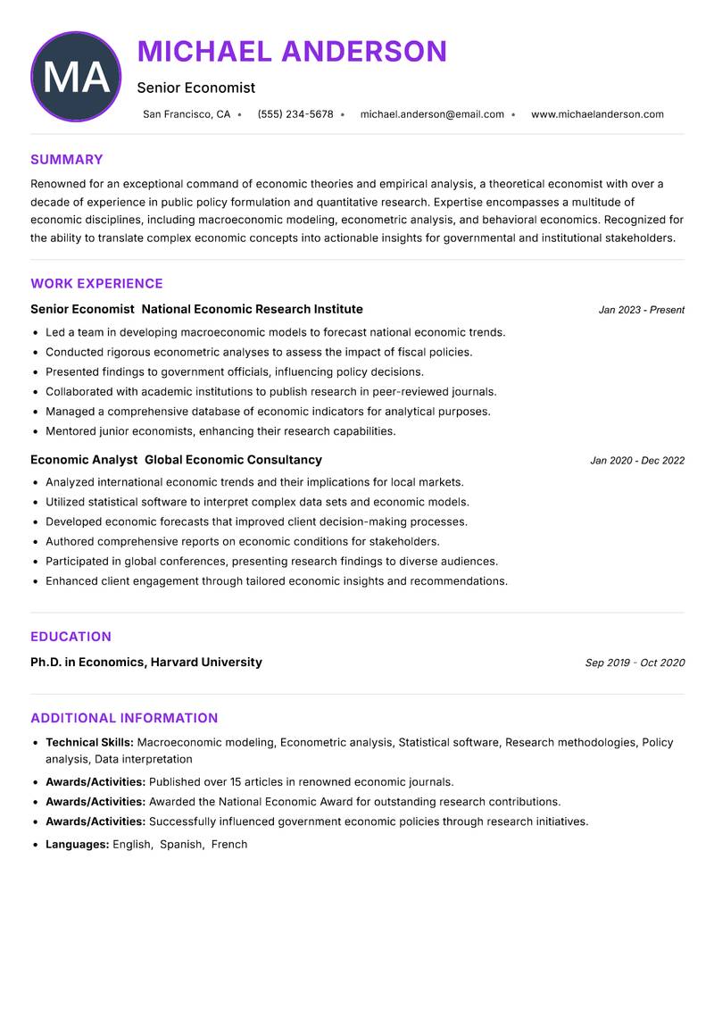 Theoretical Economist Resume Preview Example