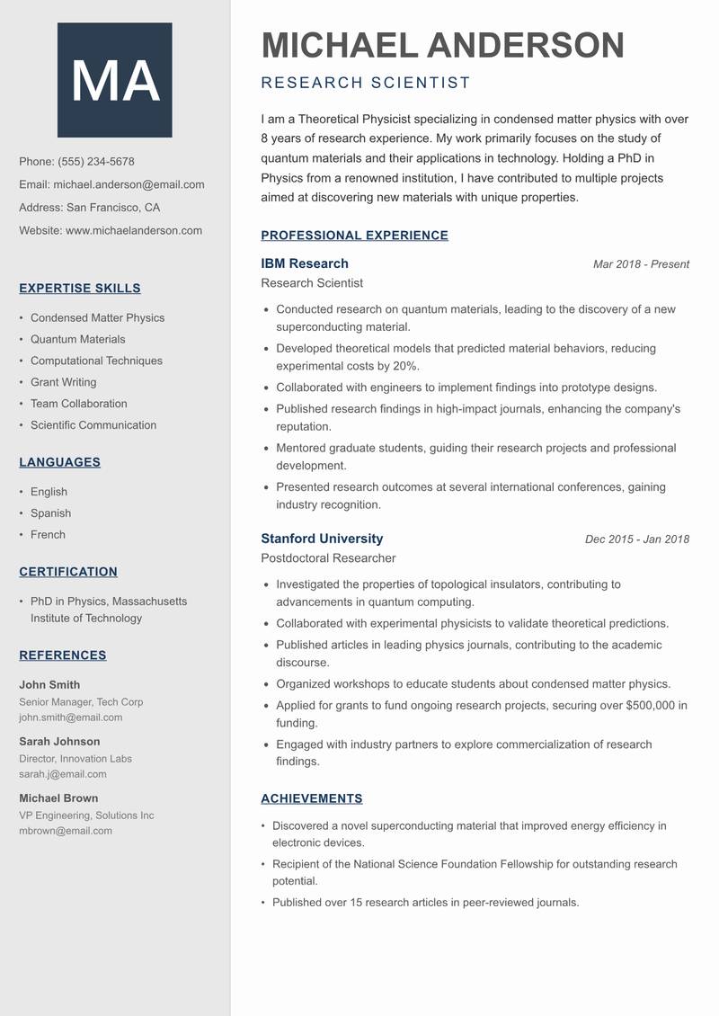 Theoretical Physicist Resume Preview Example