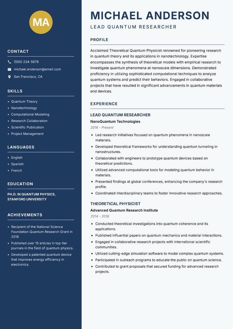 Theoretical Quantum Physicist Resume Preview Example
