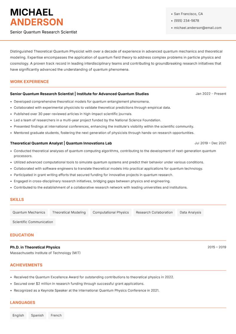 Theoretical Quantum Physicist Resume Template
