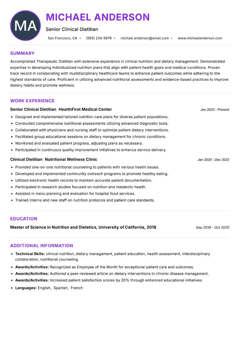 Therapeutic Dietitian Resume Preview Example