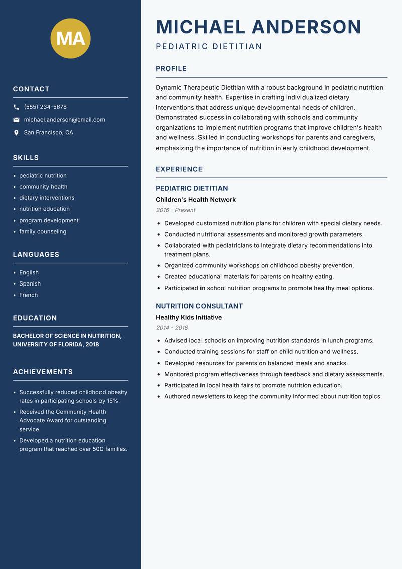 Therapeutic Dietitian Resume Preview Example