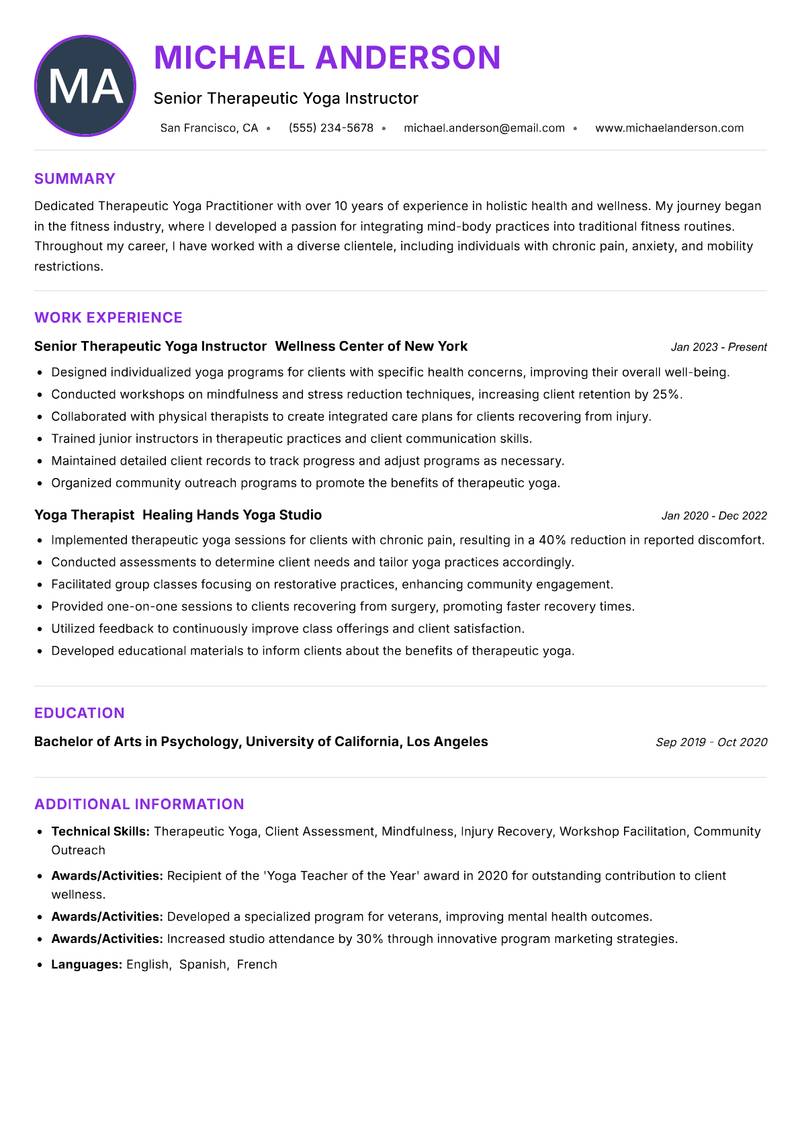 Therapeutic Yoga Practitioner Resume Preview Example
