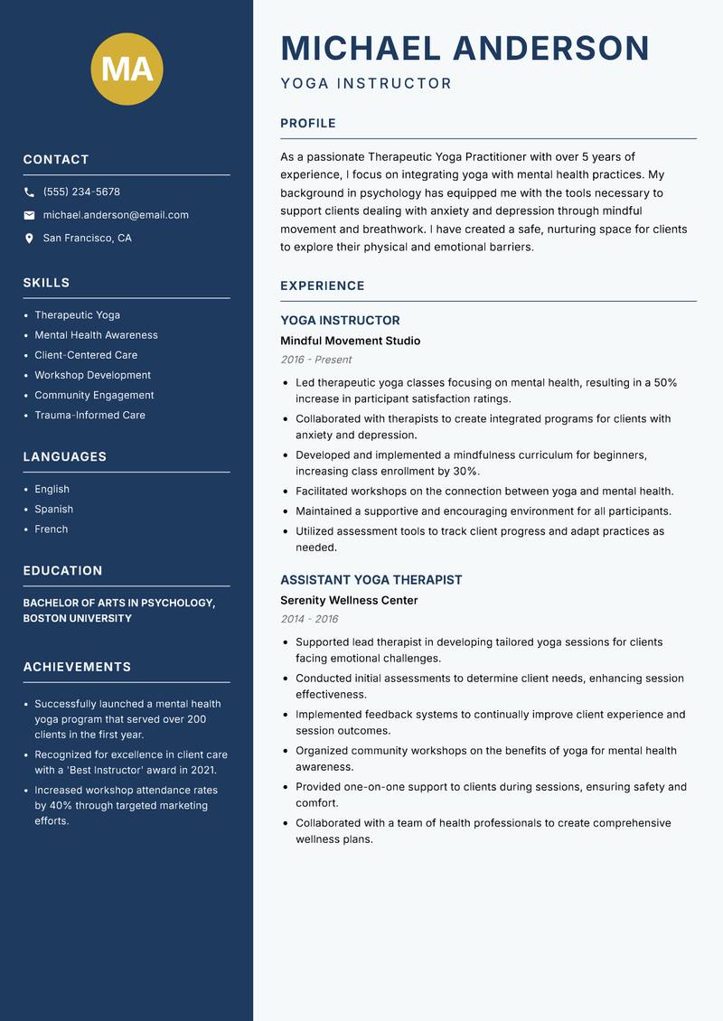 Therapeutic Yoga Practitioner Resume Preview Example