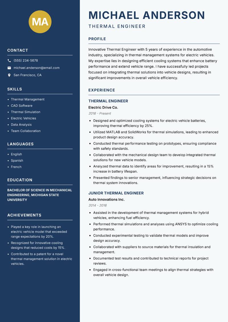 Thermal Engineer Resume Preview Example