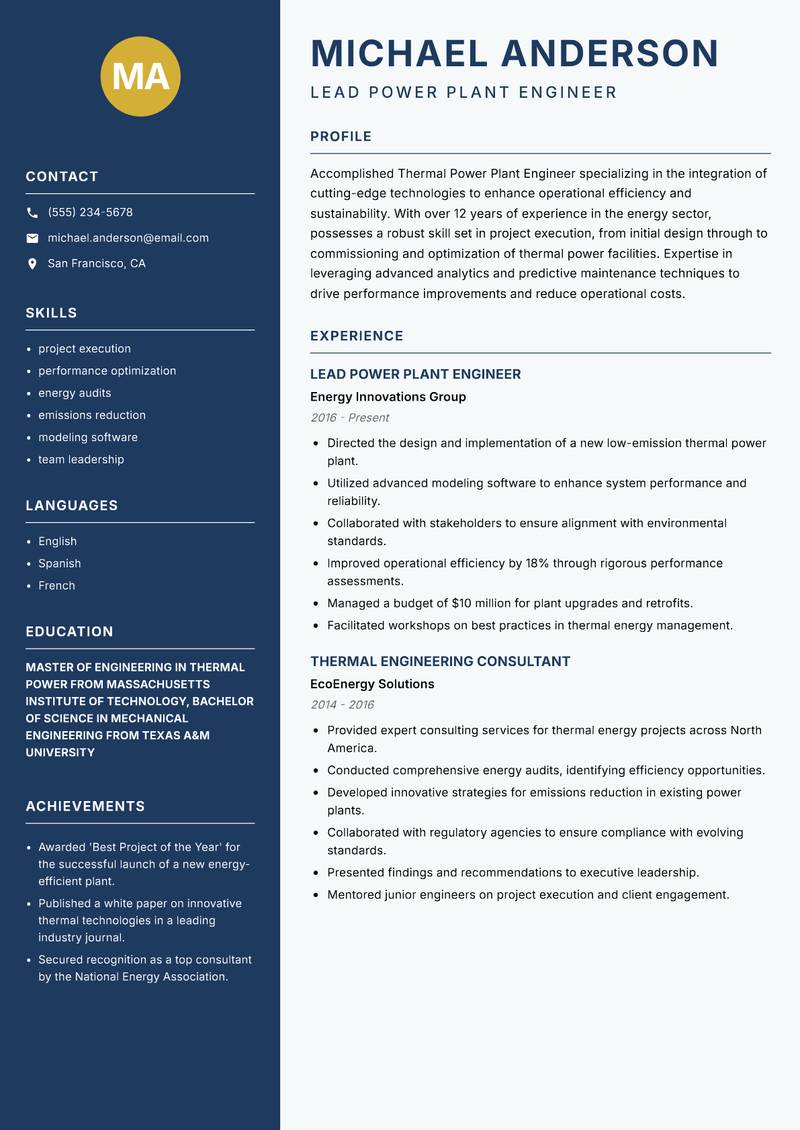 Thermal Power Plant Engineer Resume Preview Example