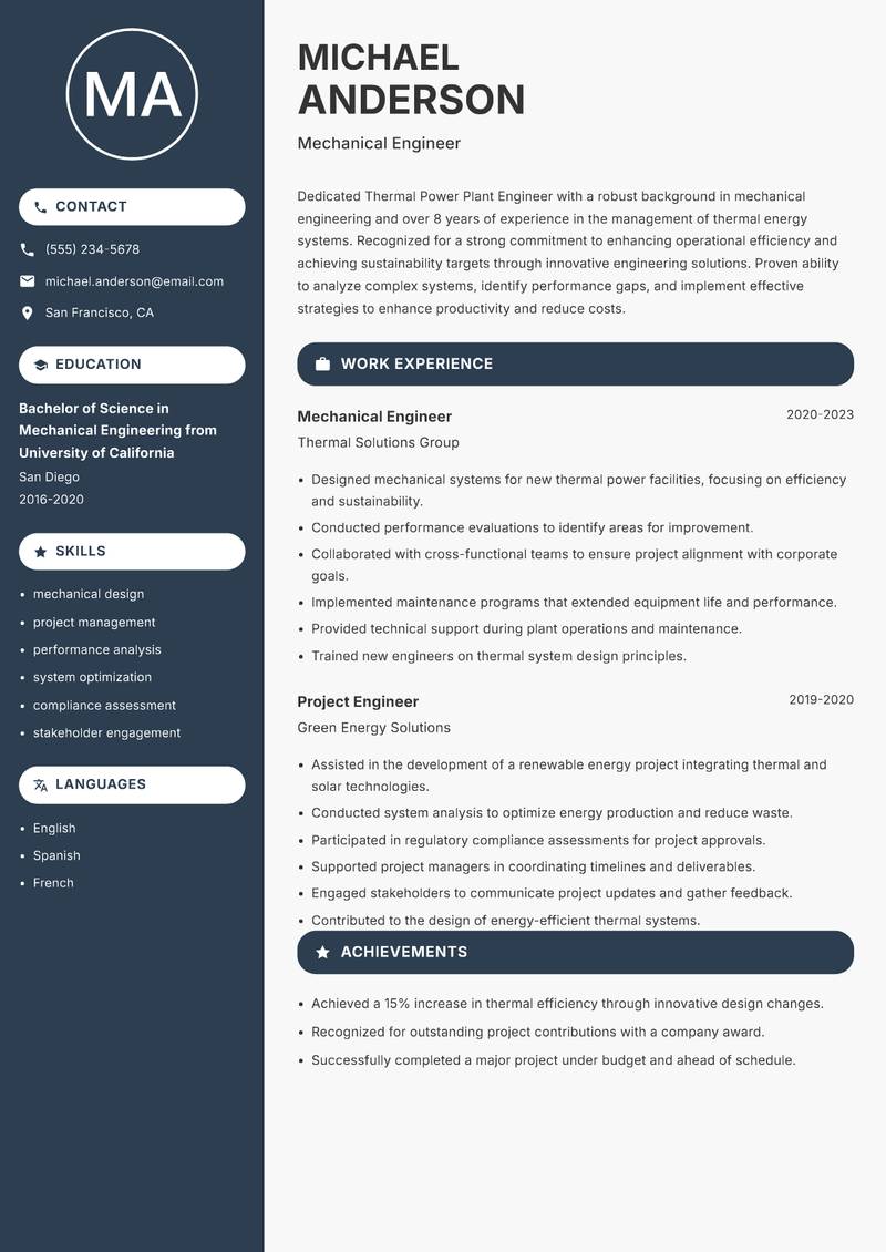 Thermal Power Plant Engineer Resume Preview Example