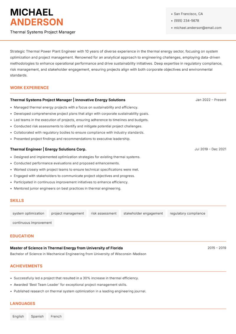 Thermal Power Plant Engineer Resume Template