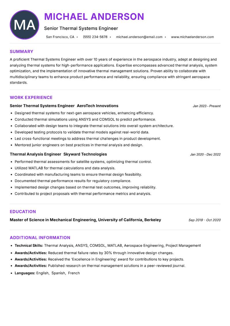 Thermal Systems Engineer Resume Preview Example