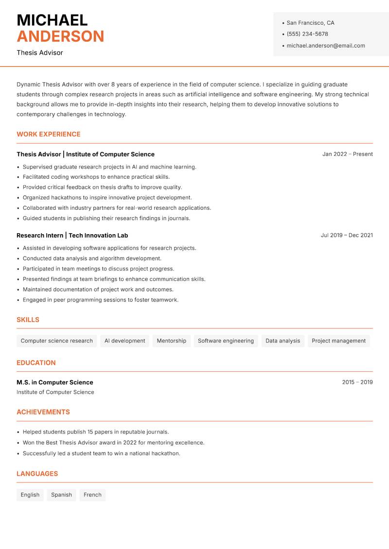 Thesis Advisor Resume Template