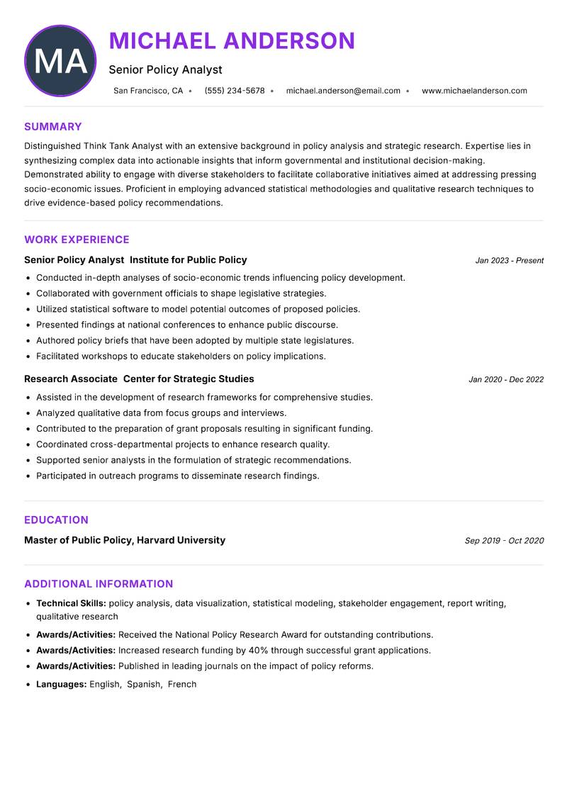 Think Tank Analyst Resume Preview Example