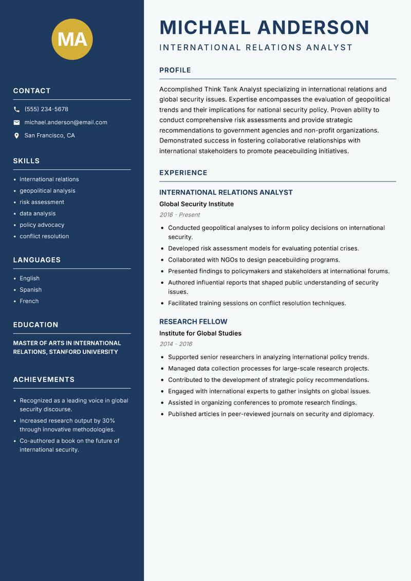 Think Tank Analyst Resume Preview Example