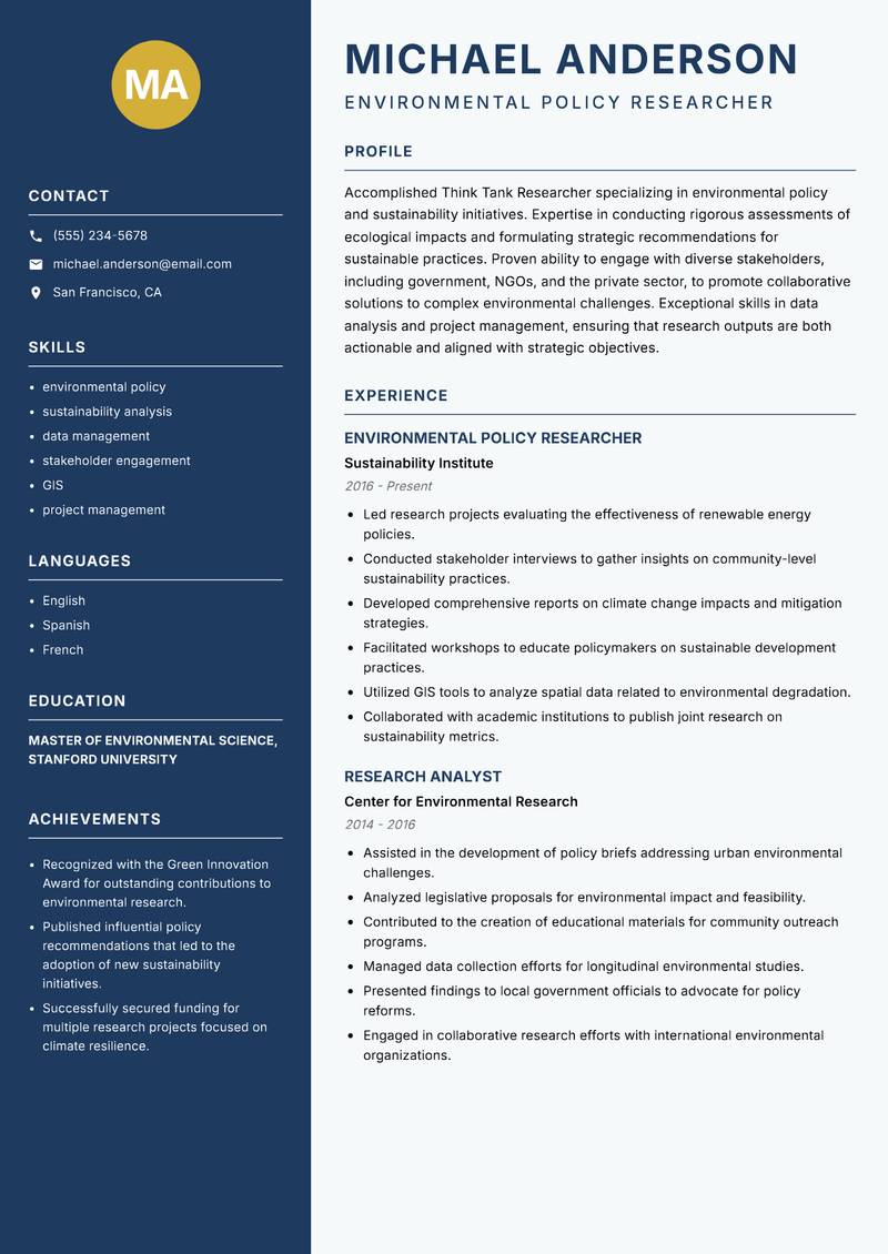 Think Tank Researcher Resume Preview Example