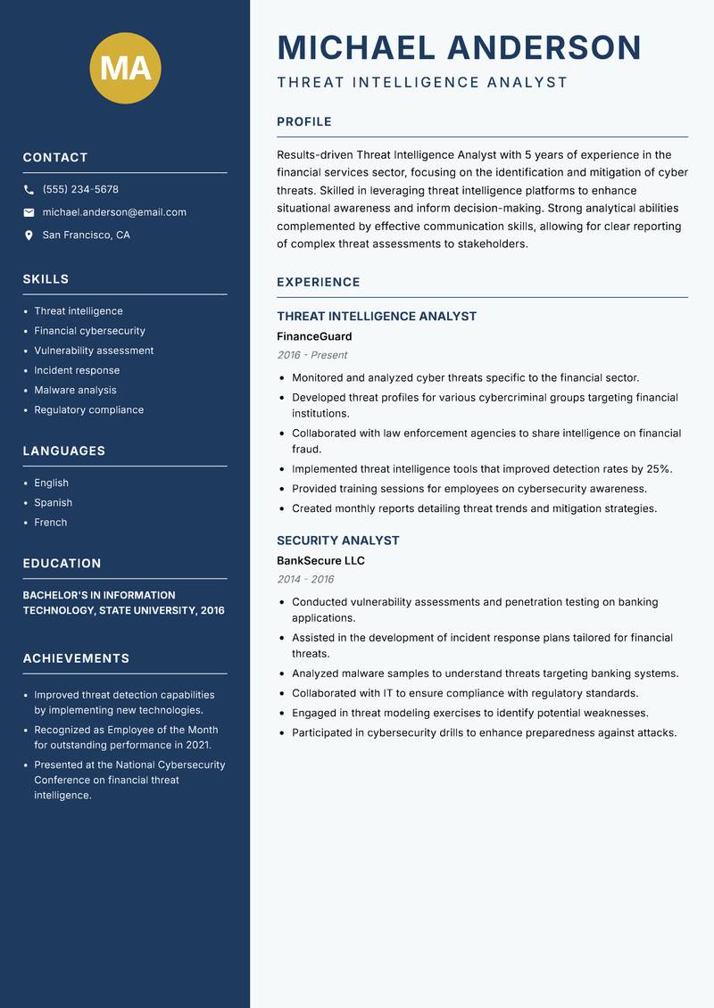 Threat Intelligence Analyst Resume Preview Example