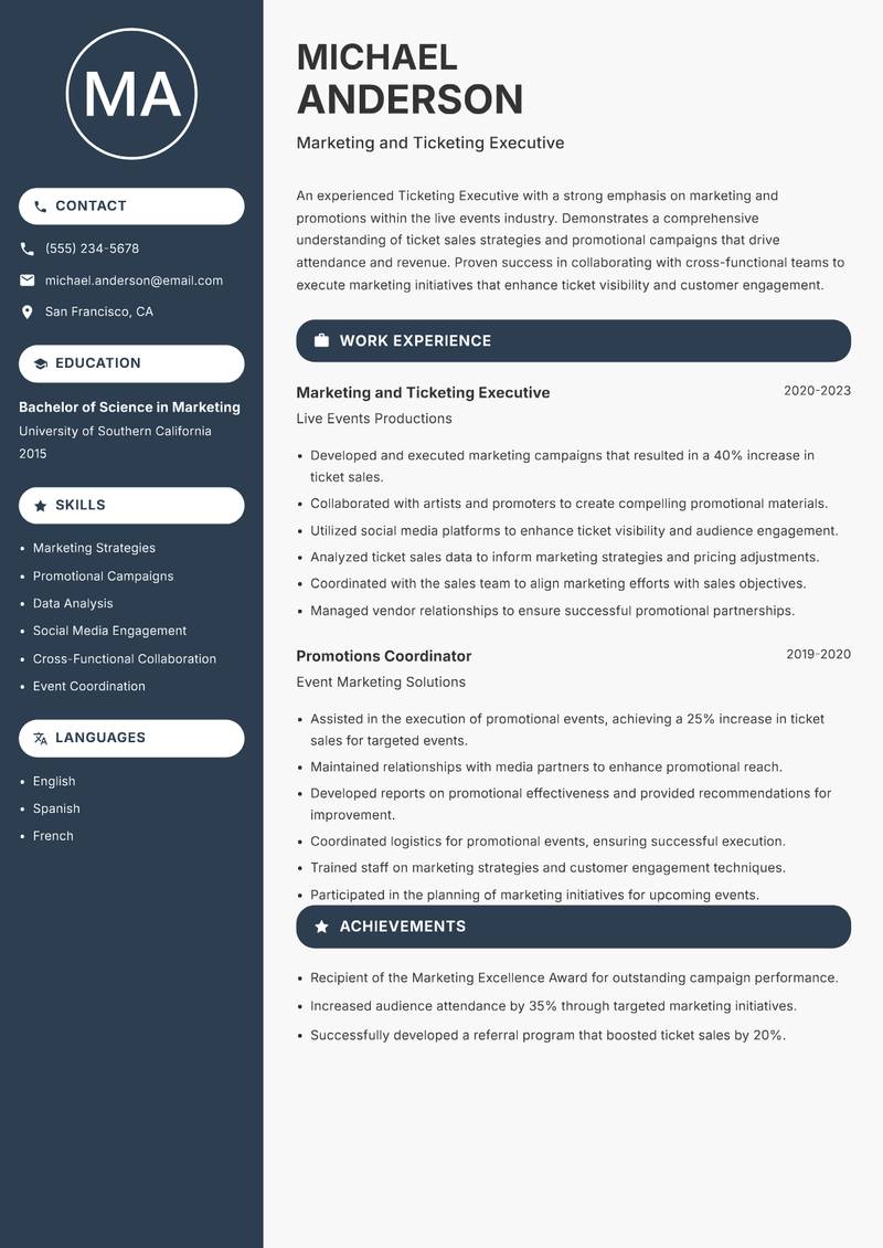 Ticketing Executive Resume Preview Example