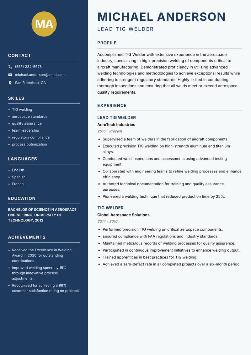 TIG Welder Resume Preview Example