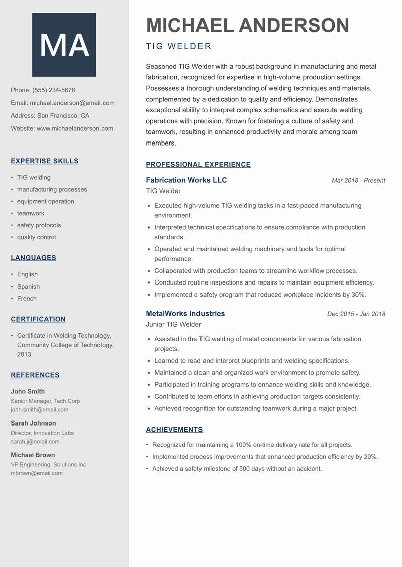TIG Welder Resume Preview Example