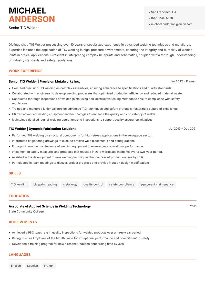 TIG Welder Resume Template