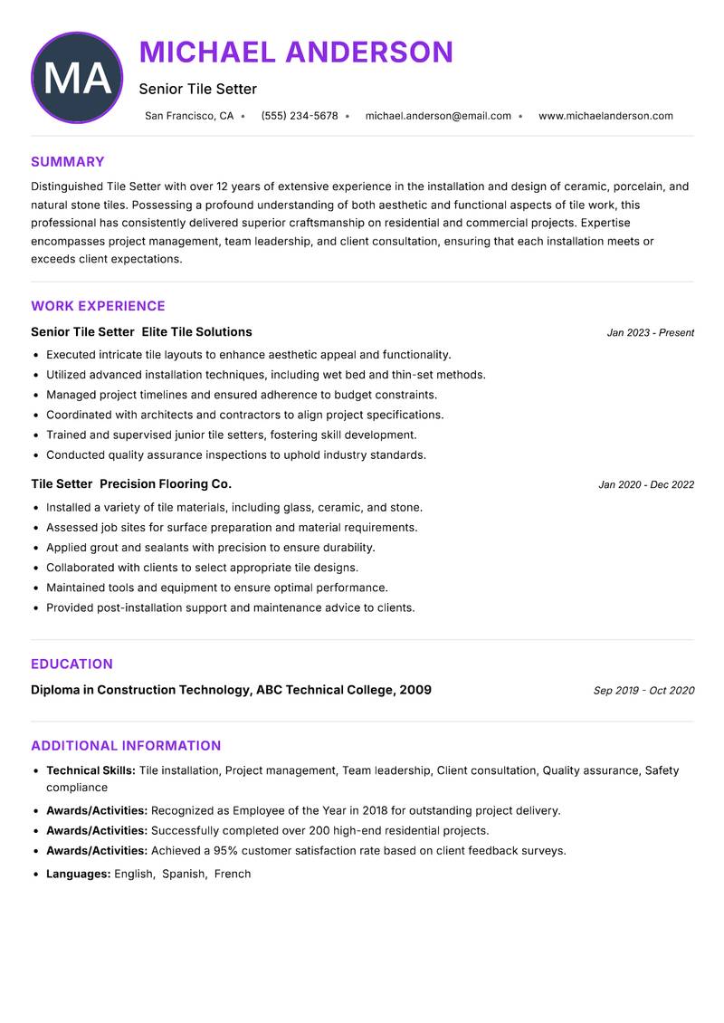 Tile Setter Resume Preview Example