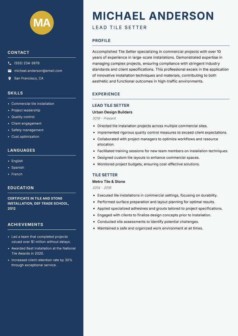 Tile Setter Resume Preview Example