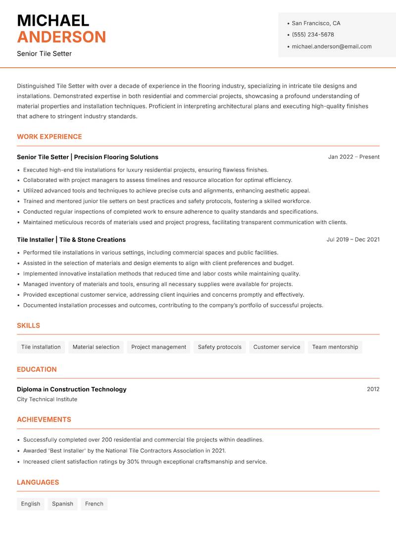 Tile Setter Resume Template